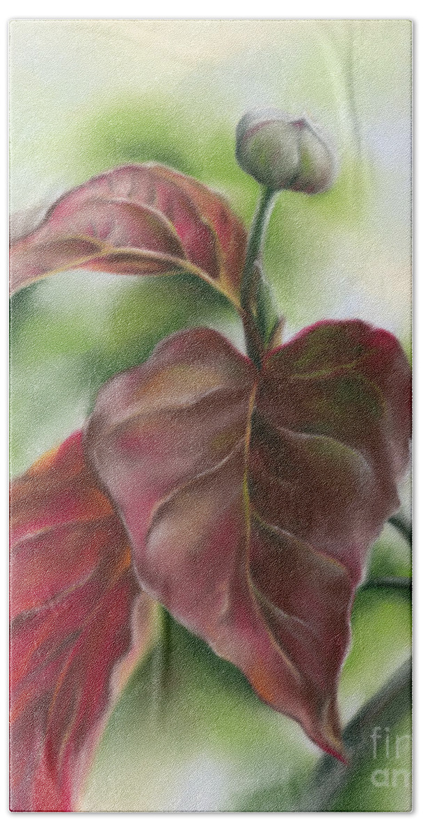 Botanical Hand Towel featuring the painting Red Autumn Dogwood Leaves with Bud by MM Anderson