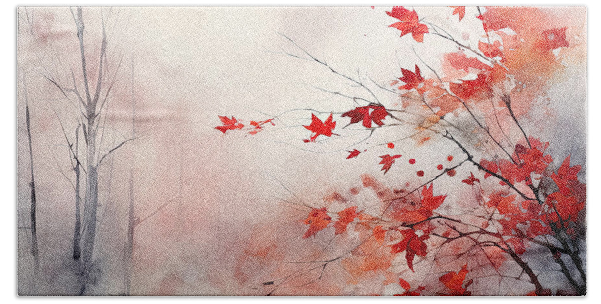Gray And Red Art Hand Towel featuring the painting Red Autumn Leaves by Lourry Legarde