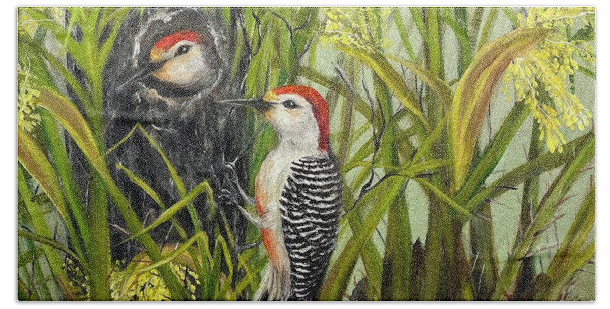 Birds Bath Towel featuring the painting Red Bellied Woodpeckers by Barbara Landry