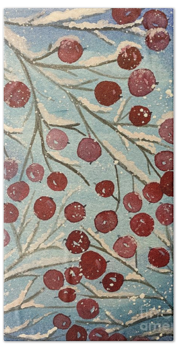 Red Berries Bath Towel featuring the painting Red Berries in Snow by Lisa Neuman