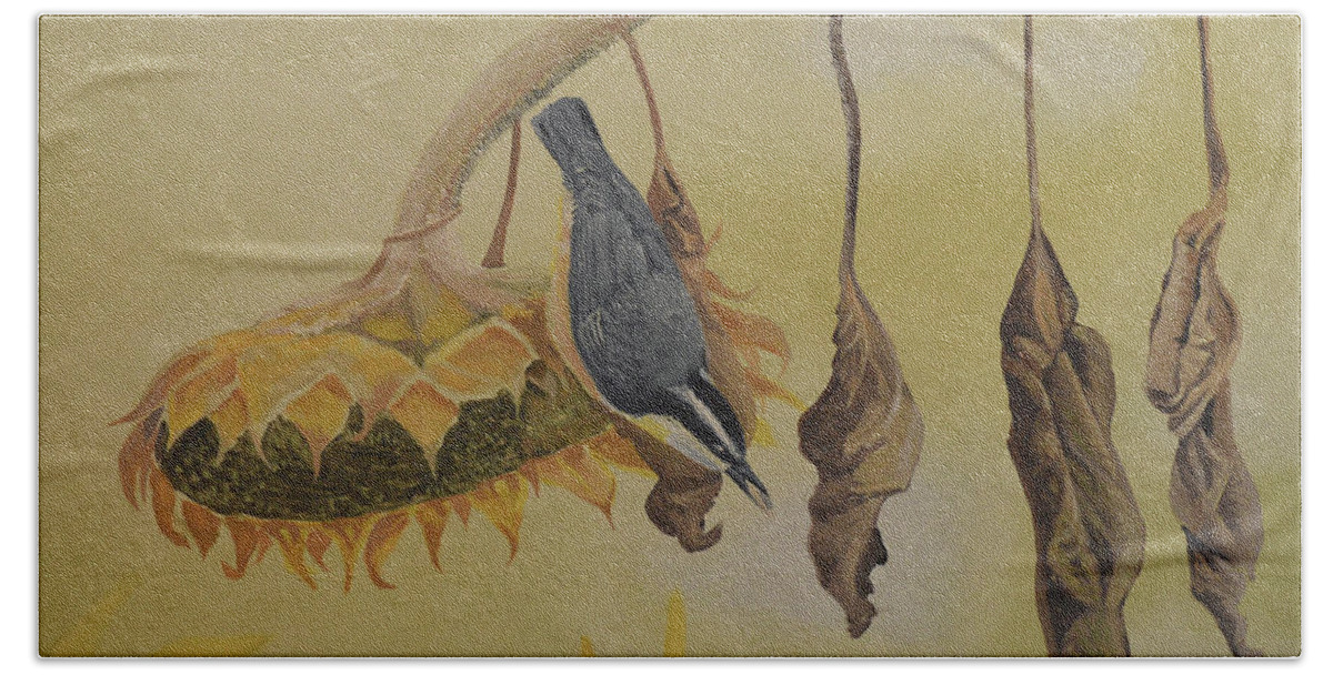 Warbler Bath Towel featuring the painting Red-breasted Nuthatch by Charles Owens
