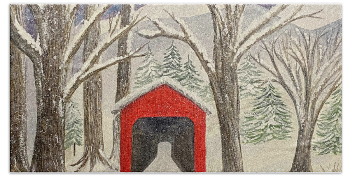 Covered Bridge Bath Towel featuring the painting Red Bridge in the Snow by Lisa Neuman