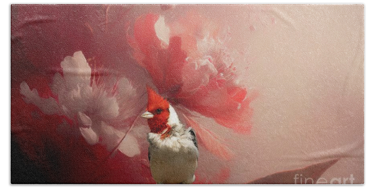 Red-crested Cardinal Hand Towel featuring the photograph Red-Crested Cardinal and Red Blossom by Eva Lechner
