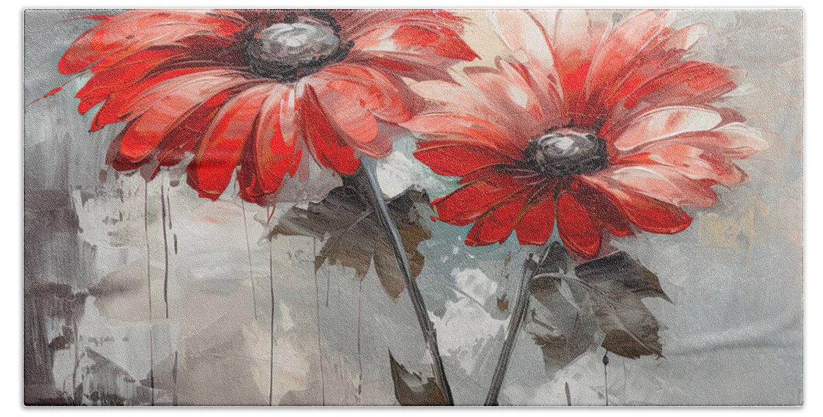 Red And Gray Art Hand Towel featuring the digital art Red Daisy on Gray - A Touch of Elegance and Charm by Lourry Legarde