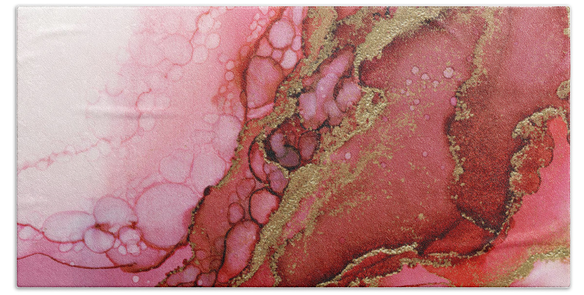 Alcohol Ink Hand Towel featuring the painting Red Dragon Scales Abstract Ink Painting by Olga Shvartsur