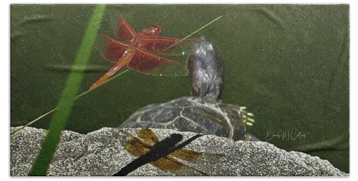 Red Dragonfly Bath Towel featuring the photograph Red Dragonfly with Mr. Turtle by Beverly M Collins