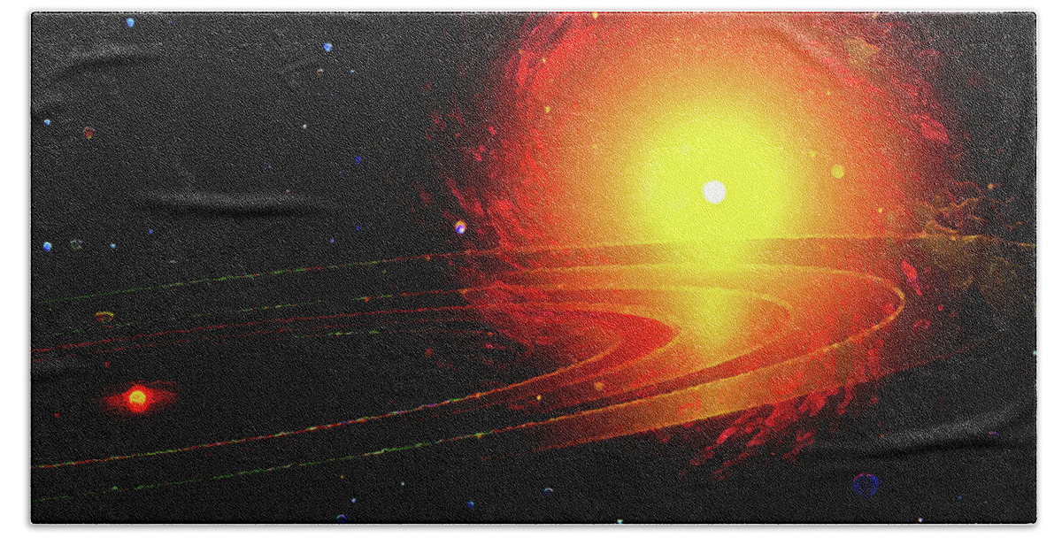  Bath Towel featuring the digital art Red Dwarf, Yellow Giant Outer Space Background by Don White Artdreamer