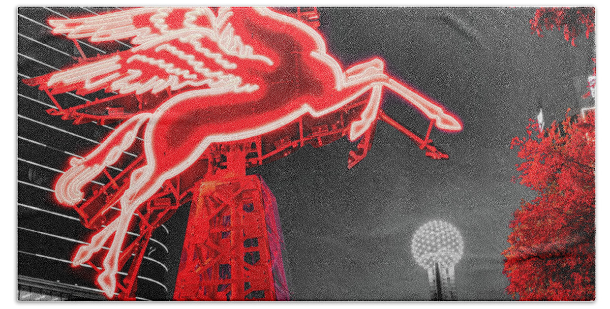 Dallas Pegasus Hand Towel featuring the photograph Red Flying Pegasus and Reunion Tower in Dallas Texas by Gregory Ballos
