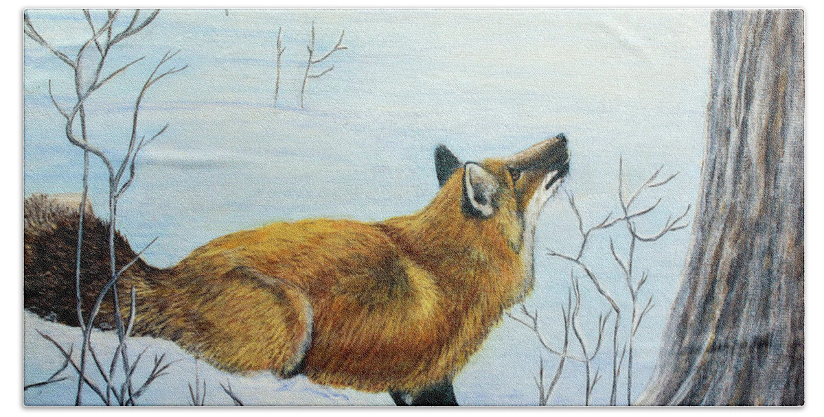Fox Hand Towel featuring the painting Red Fox in the Snow by Shirley Dutchkowski