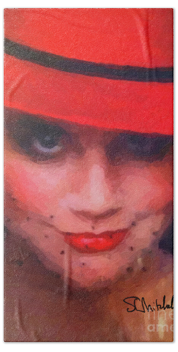  Hand Towel featuring the painting Red Hat Linda by Steve Mitchell