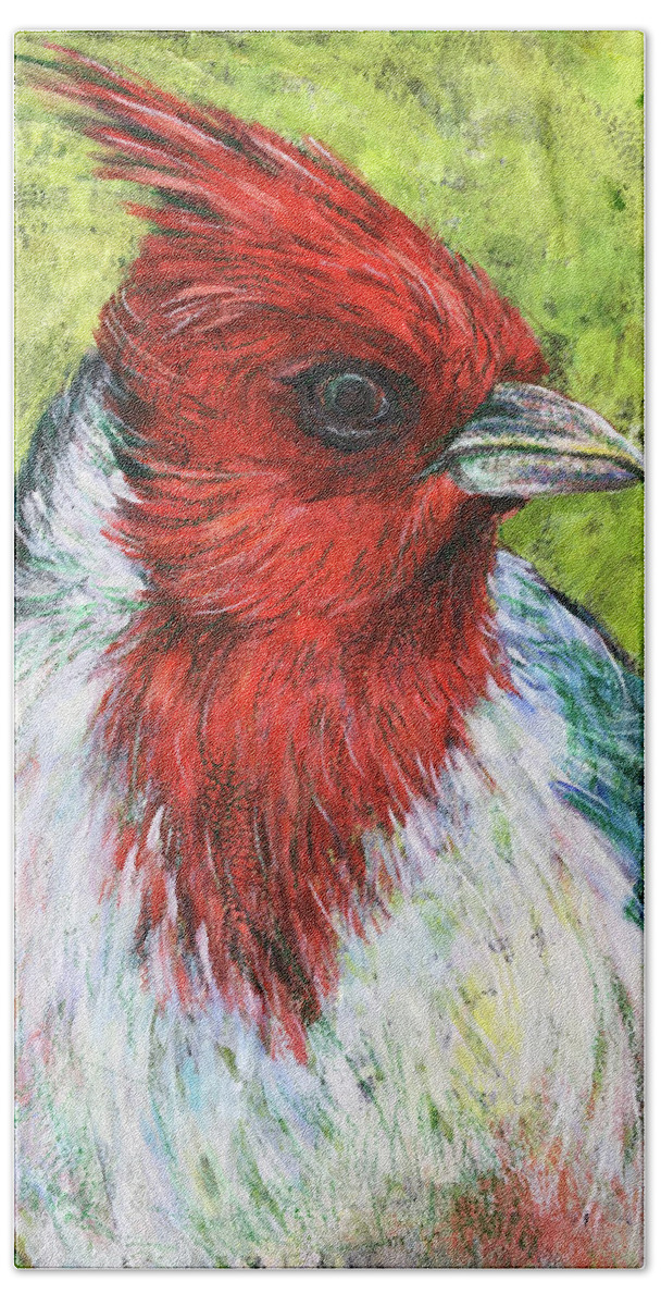 Cardinal Bath Towel featuring the mixed media Red Head by AnneMarie Welsh