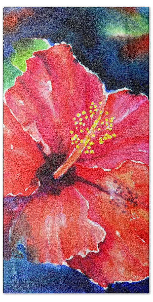 Hibiscus Bath Towel featuring the painting Red Hibiscus Flower by Carlin Blahnik CarlinArtWatercolor