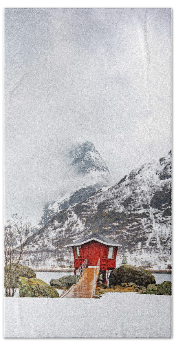 #norway #lofoten #landscape #nature #cabin #mountain #outdoor #snow Hand Towel featuring the photograph Red Hot Spot by Philippe Sainte-Laudy