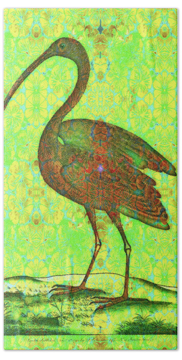 Ibis Bath Towel featuring the digital art Red ibis on green brocade by Lorena Cassady