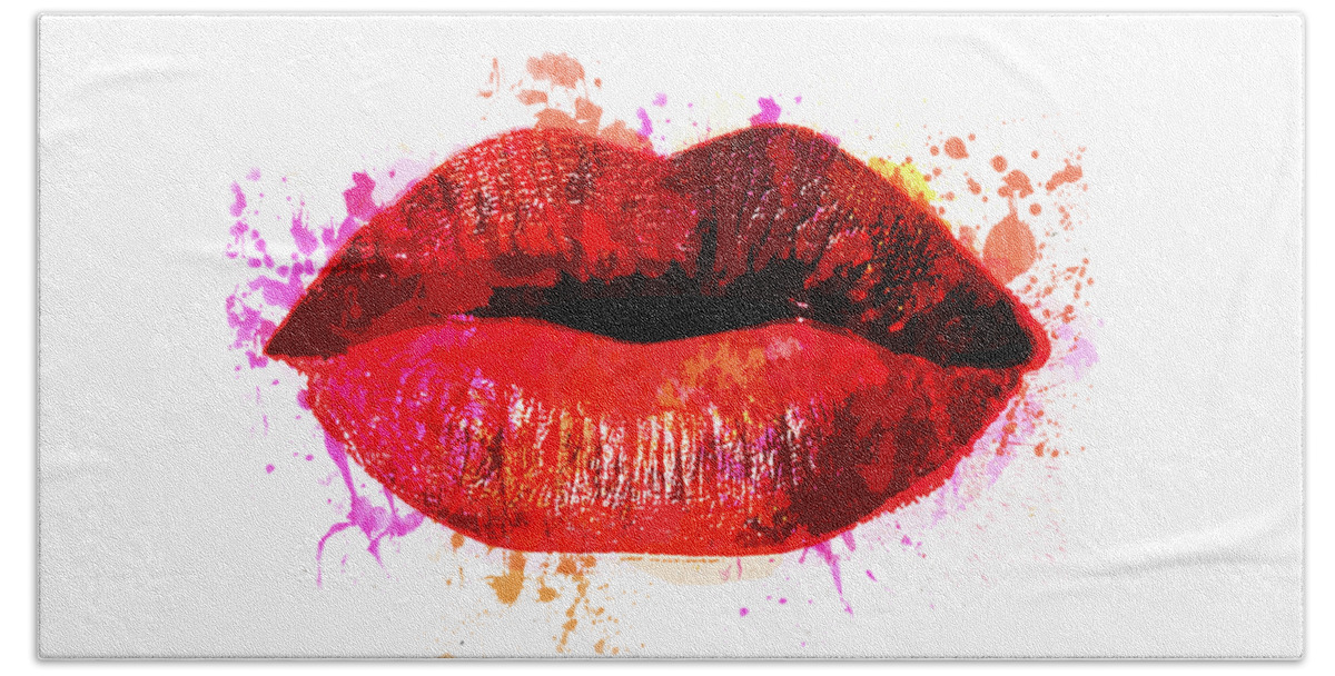 Lips Bath Towel featuring the painting Red Kiss, sexy lips by Delphimages Photo Creations