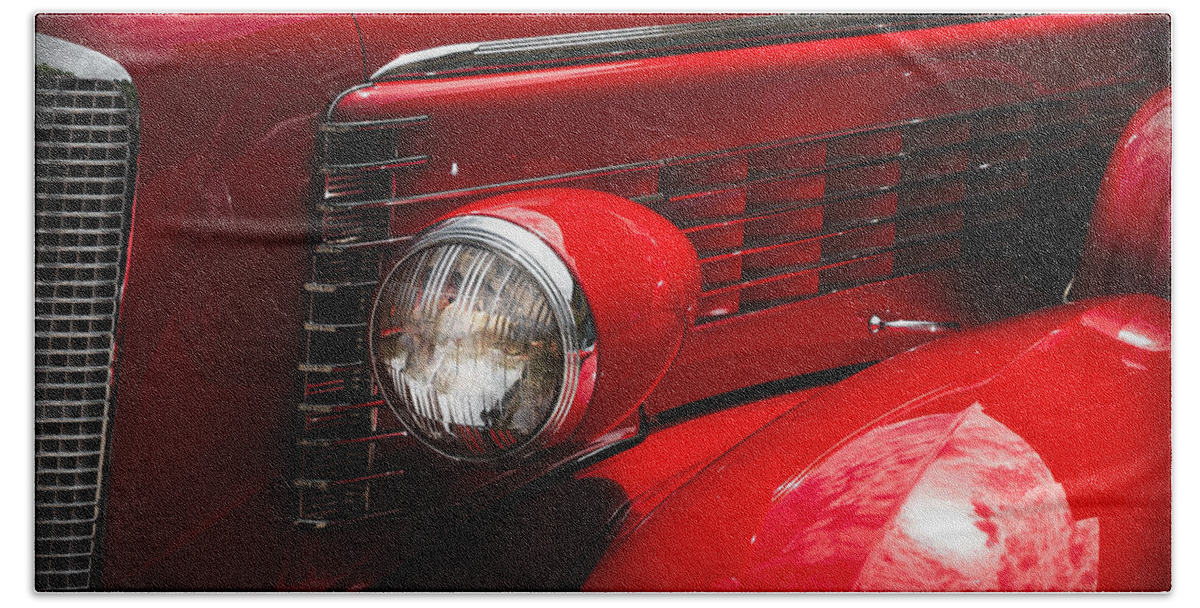 Classic Car Bath Towel featuring the photograph Red Lasalle by Carrie Hannigan