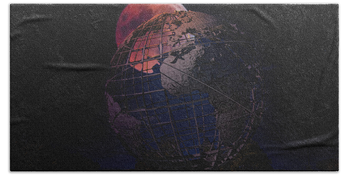 Unisphere Bath Towel featuring the photograph Red Moon Glow over Unisphere Queens NY Night Moods by Chuck Kuhn