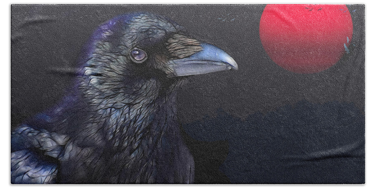 Raven Bath Towel featuring the digital art Red Moon Raven by Theresa Tahara