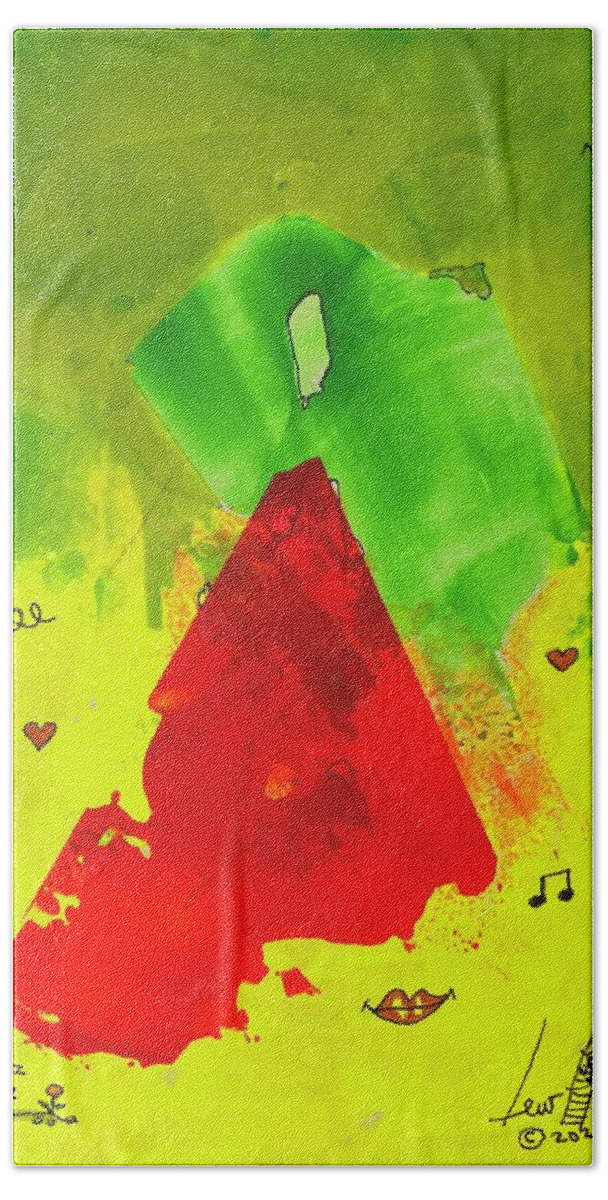  Hand Towel featuring the mixed media Red on Green with Music 111410 by Lew Hagood