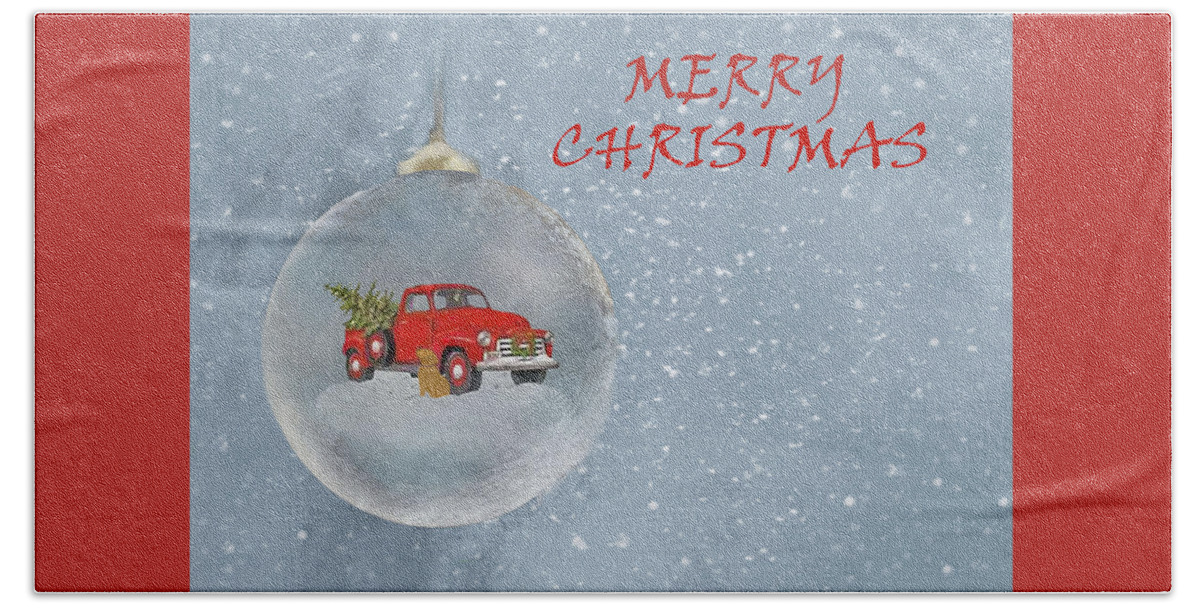 Merry Christmas Bath Towel featuring the mixed media Red Pickup Truck And Christmas Tree And Dog2 Ornament Square by Sandi OReilly