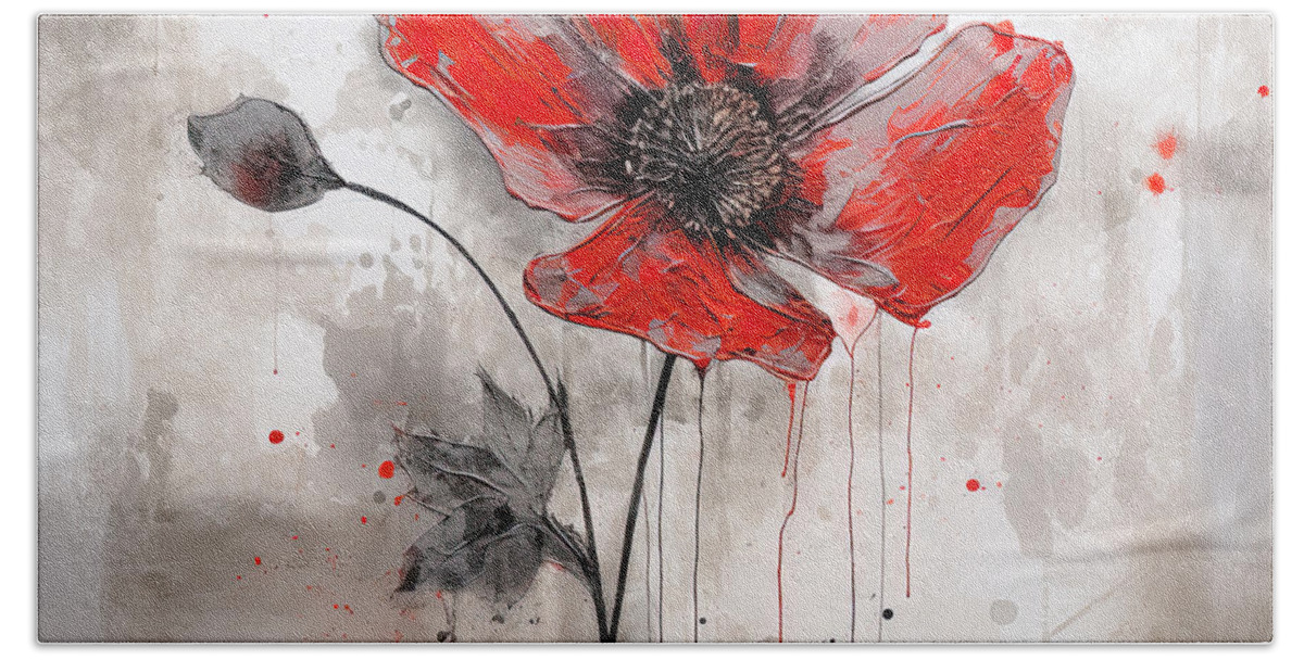 Red And Gray Hand Towel featuring the painting Red Poppies in Shades of Gray - A Modern Interpretation by Lourry Legarde