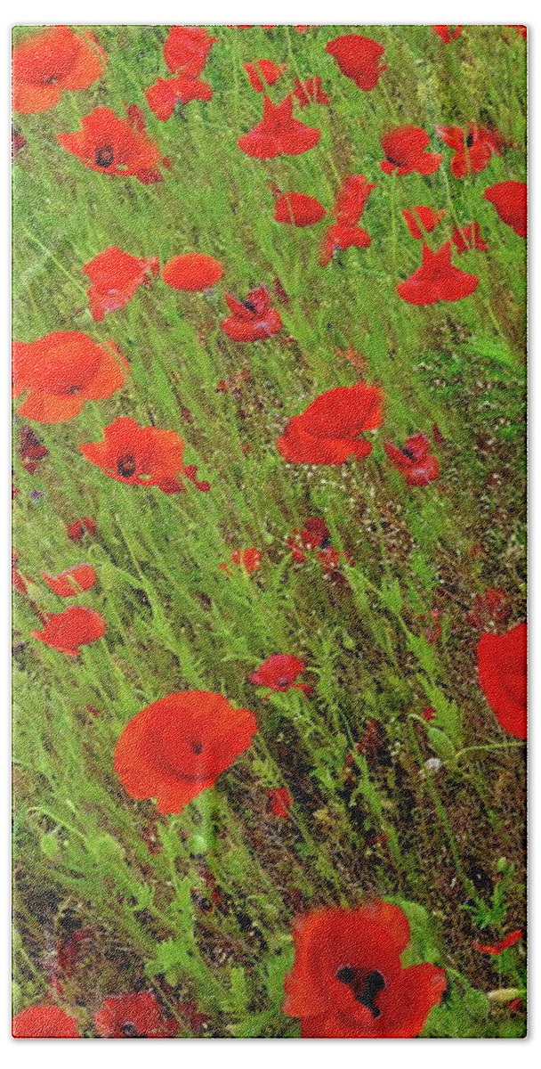 Vertical Hand Towel featuring the photograph Red Poppies, Vertical Panorama by Lyuba Filatova