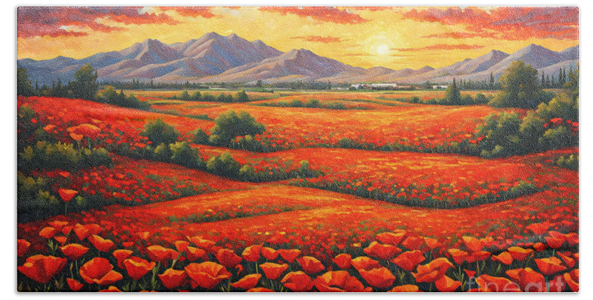 Red Poppy Flower Field Sunset Painting Hand Towel featuring the digital art Red Poppy Flower Field Sunset Painting by Two Hivelys