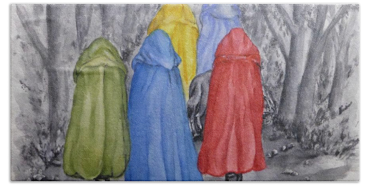 Red Riding Hood Hand Towel featuring the painting Red Riding Hood and Friends by Kelly Mills