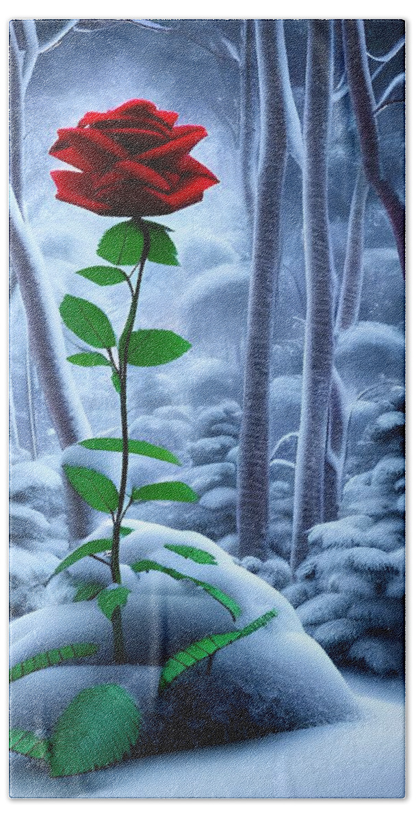 Digital Bath Towel featuring the digital art Red Rose in the Snow by Beverly Read
