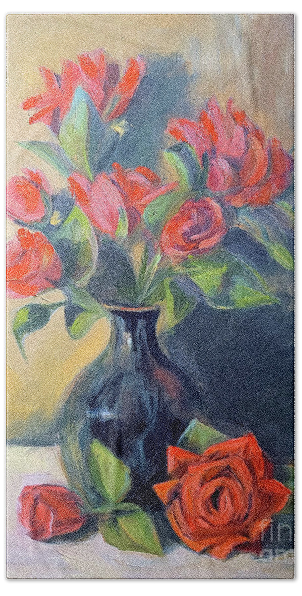 Still Life With Roses Hand Towel featuring the painting Red Roses by Barbara Oertli