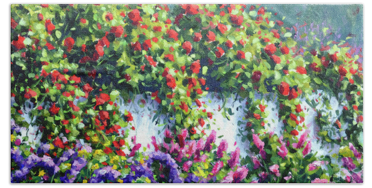 Garden Scene Hand Towel featuring the painting Red Rose's over the Fence by Rick Hansen
