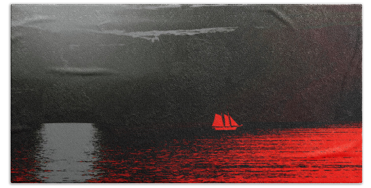 Red Sail Bath Towel featuring the digital art Red Sail by Susan Maxwell Schmidt