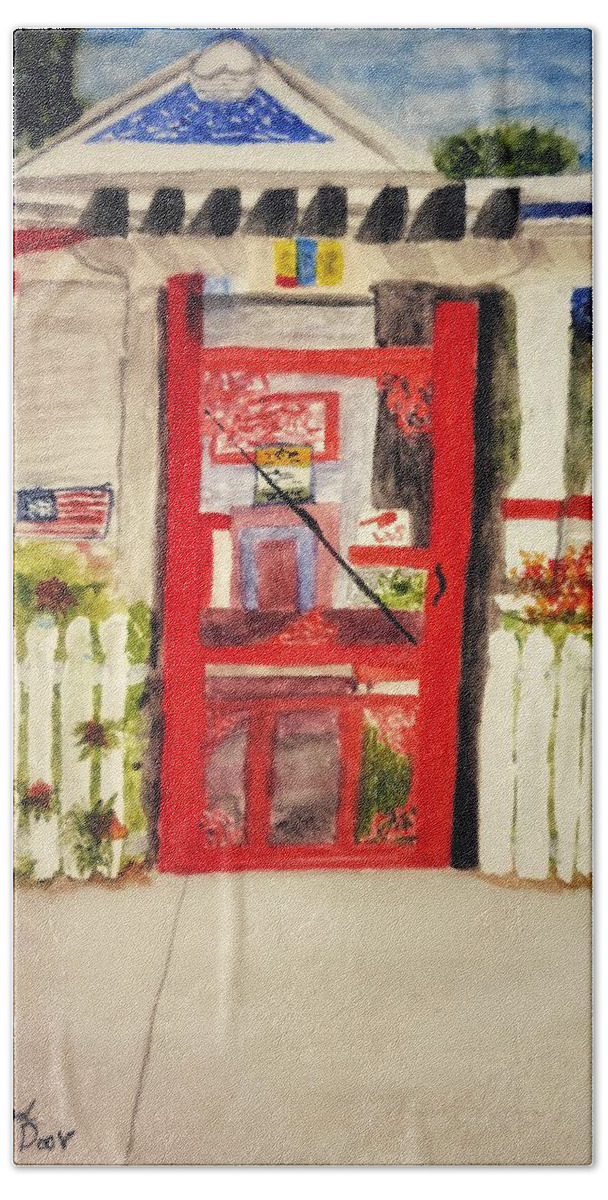 Red Hand Towel featuring the painting Red Screen Door by Shady Lane Studios-Karen Howard