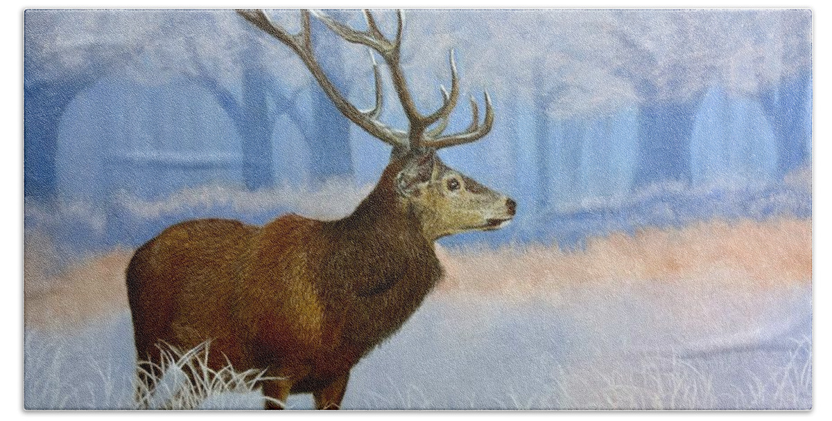 Animal Bath Towel featuring the pastel Red Stag 2 by Marlene Little