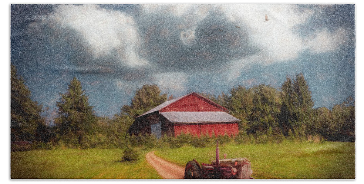 Barn Bath Towel featuring the photograph Red Tractor on the Farm Trail Painting by Debra and Dave Vanderlaan