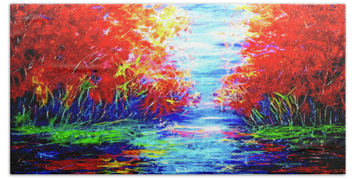  Modern Bath Towel featuring the painting Red trees reflected in the water by OLena Art by Lena Owens - Vibrant Design and