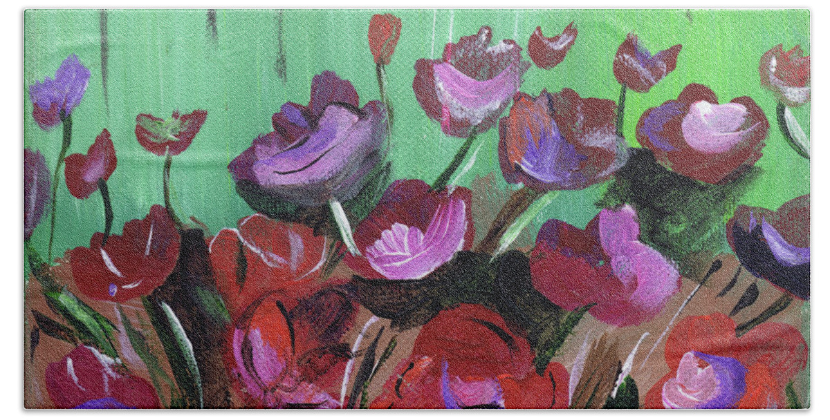 Red Hand Towel featuring the painting Red Tulips by Genevieve Holland