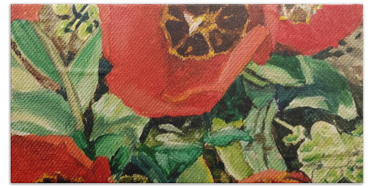 Red Bath Towel featuring the painting Red Tulips by Merana Cadorette