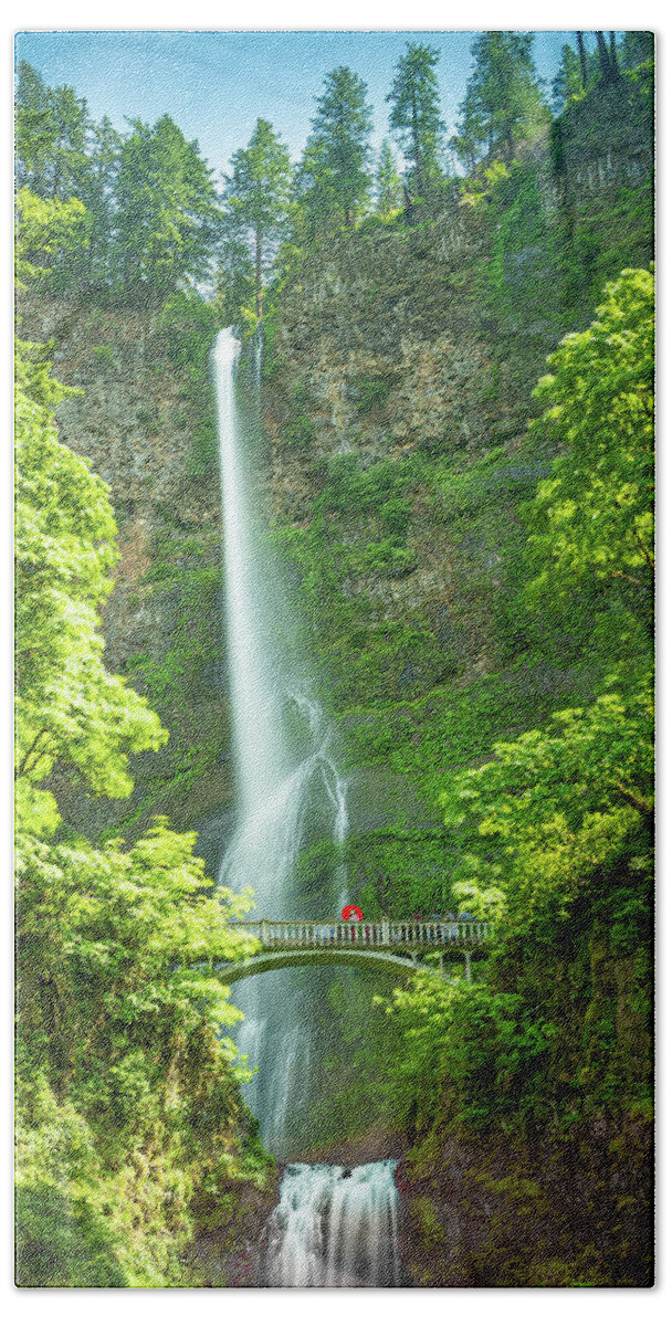 Multnomah Falls Bath Towel featuring the photograph Red Umbrella Under the Multnomah Falls by Erin K Images