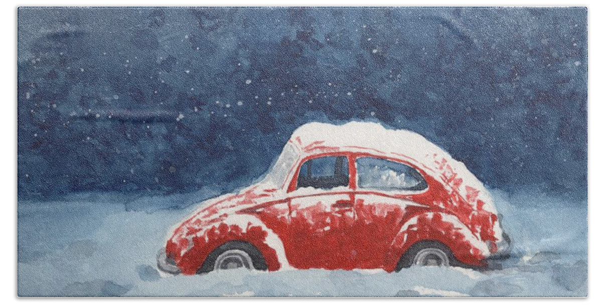 Volkswagen Bath Towel featuring the painting Red VDub in the Snow by Vicki B Littell