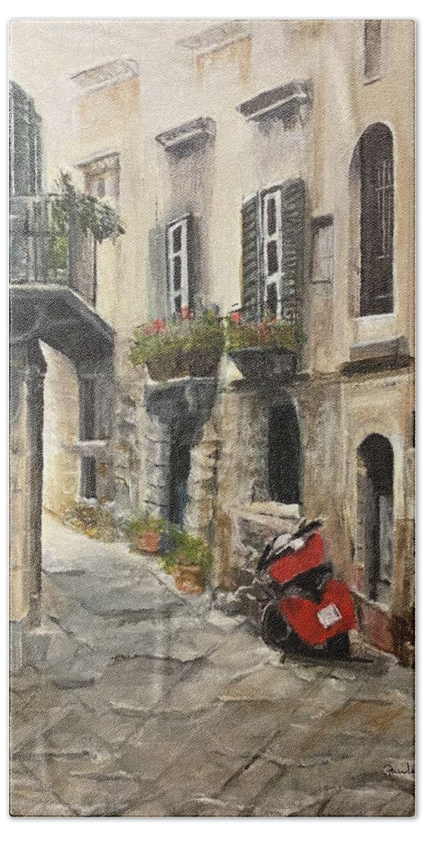 Painting Hand Towel featuring the painting Red Vespa by Paula Pagliughi