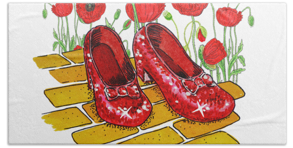 Wizard Of Oz Bath Towel featuring the painting Red Watercolor Poppies Follow Your Dreams Ruby Red Dorothy Slippers Wizard Of Oz by Irina Sztukowski