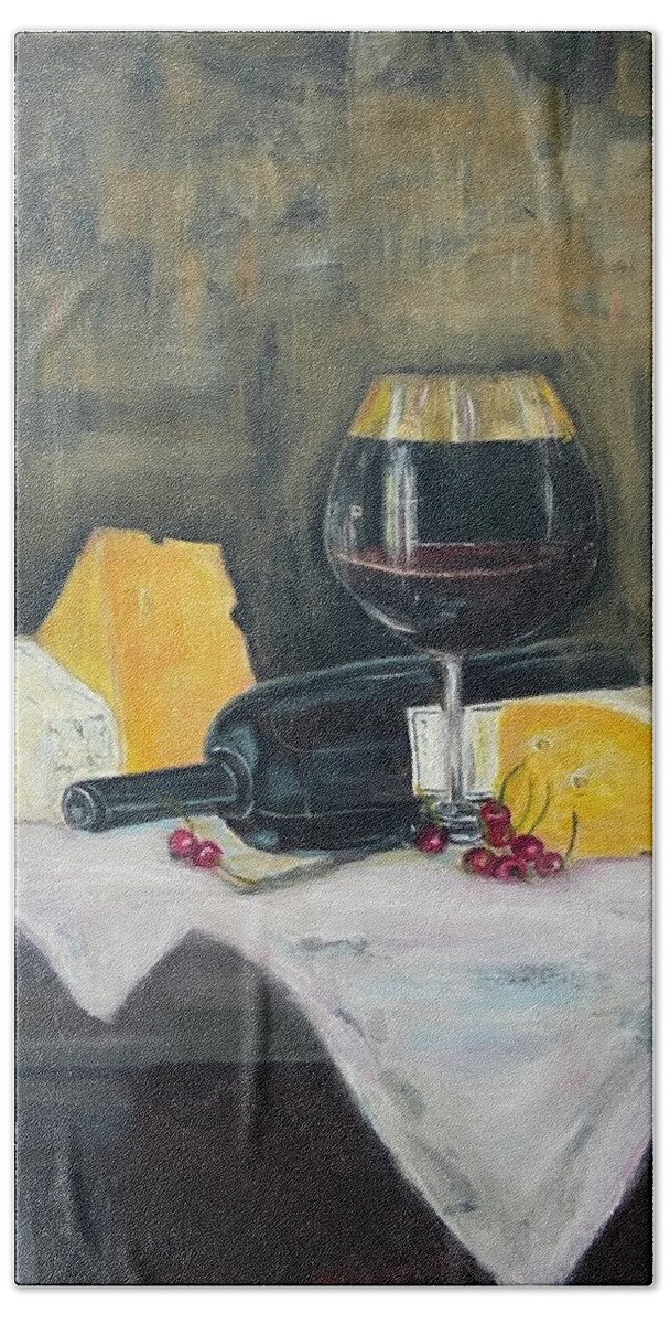 Red Wine Bath Towel featuring the painting Red Wine and Cheese by Denice Palanuk Wilson