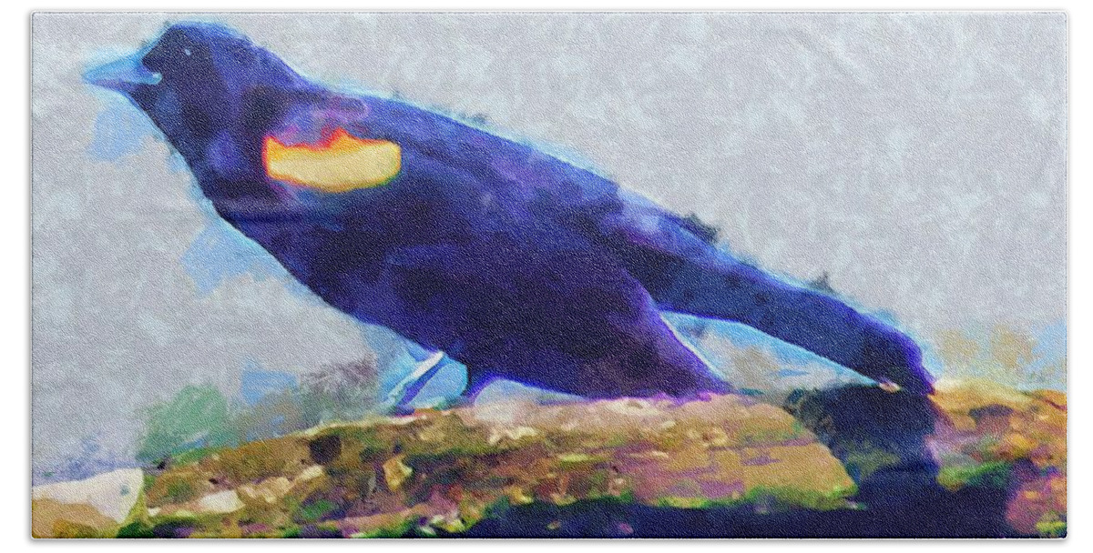 Bird Bath Towel featuring the mixed media Red Winged Blackbird by Christopher Reed