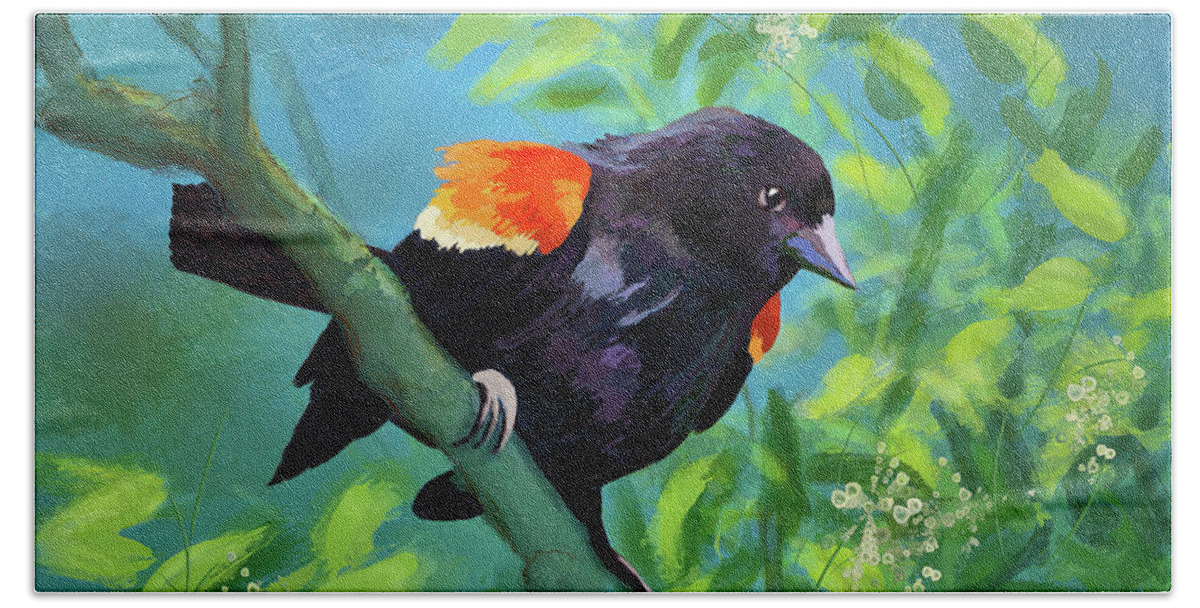 Bird Bath Towel featuring the digital art Red-Winged Blackbird On Display by Lois Bryan
