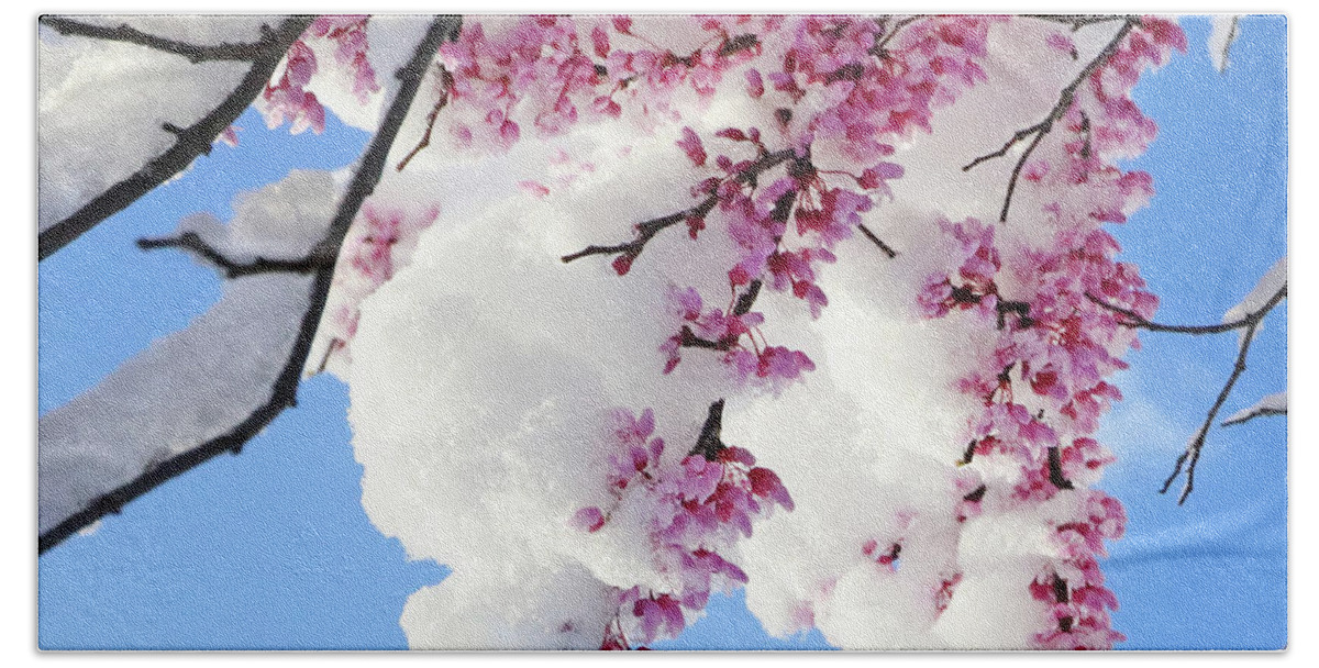 Redbud Bath Towel featuring the photograph Redbud Blossoms and April Snow 5010 by Jack Schultz