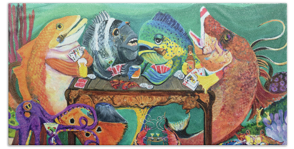 Redfish Bath Towel featuring the painting Redfish Poker Night at the Reef Bar by Linda Kegley