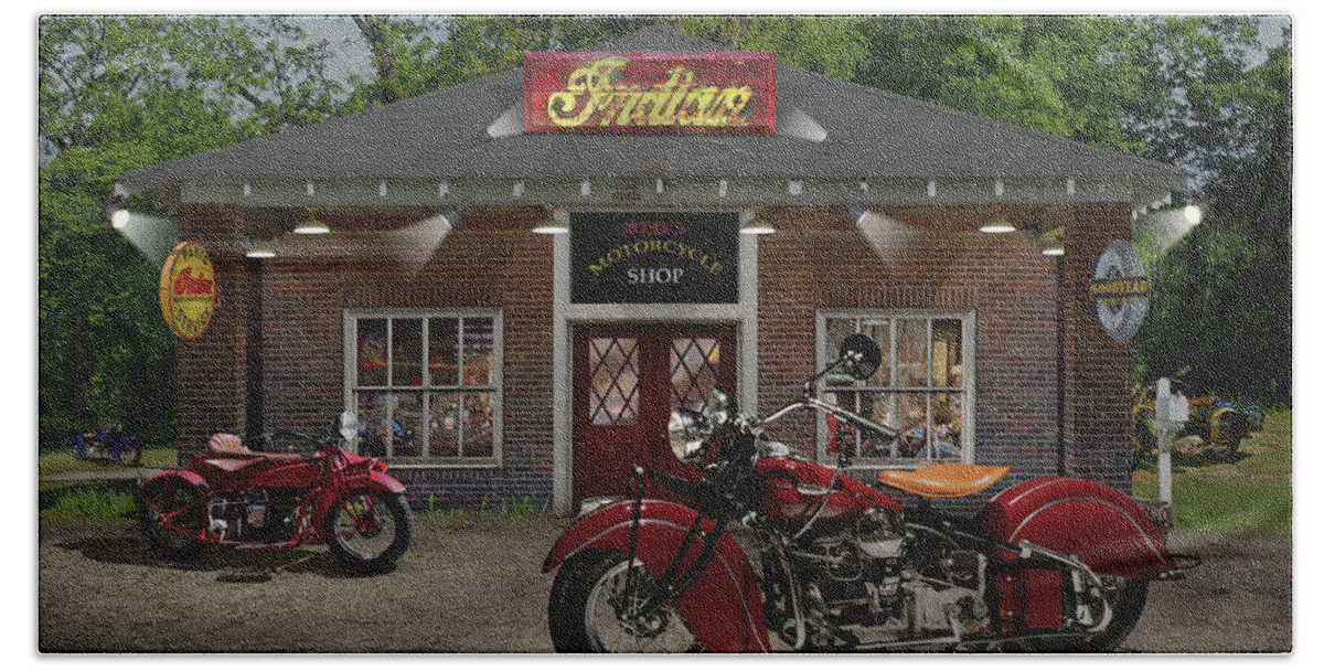 Indian Motorcycles Bath Towel featuring the photograph Reds Motorcycle Shop C by Mike McGlothlen