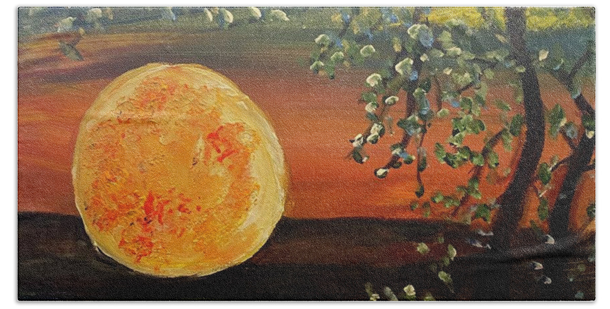 Sun Moon Trees Water Bath Towel featuring the painting Reflection by Kathy Bee