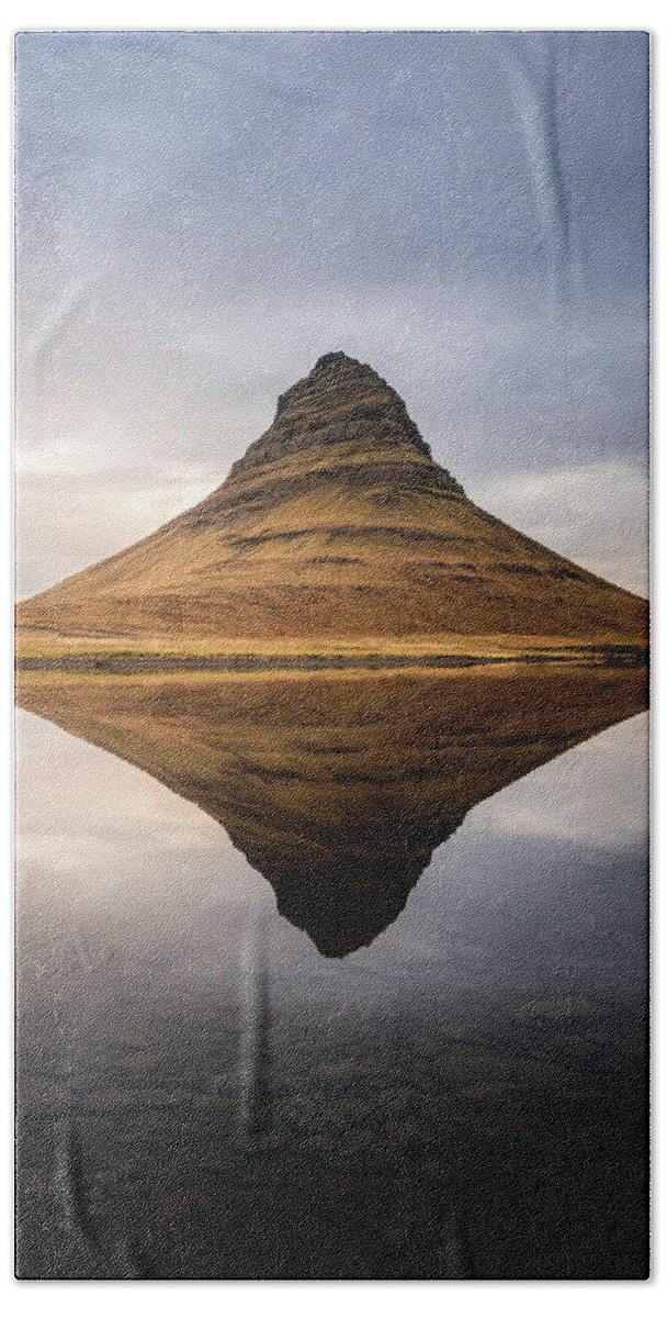 Kirkjufell Hand Towel featuring the photograph Reflection of Kirkjufell Mountain in Iceland by Alexios Ntounas